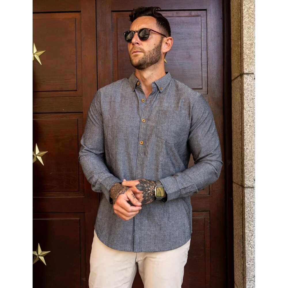 Men's Navy Blue Classic Fit Linen Long Sleeve Button Down Casual Shirts - Picture 4 of 6